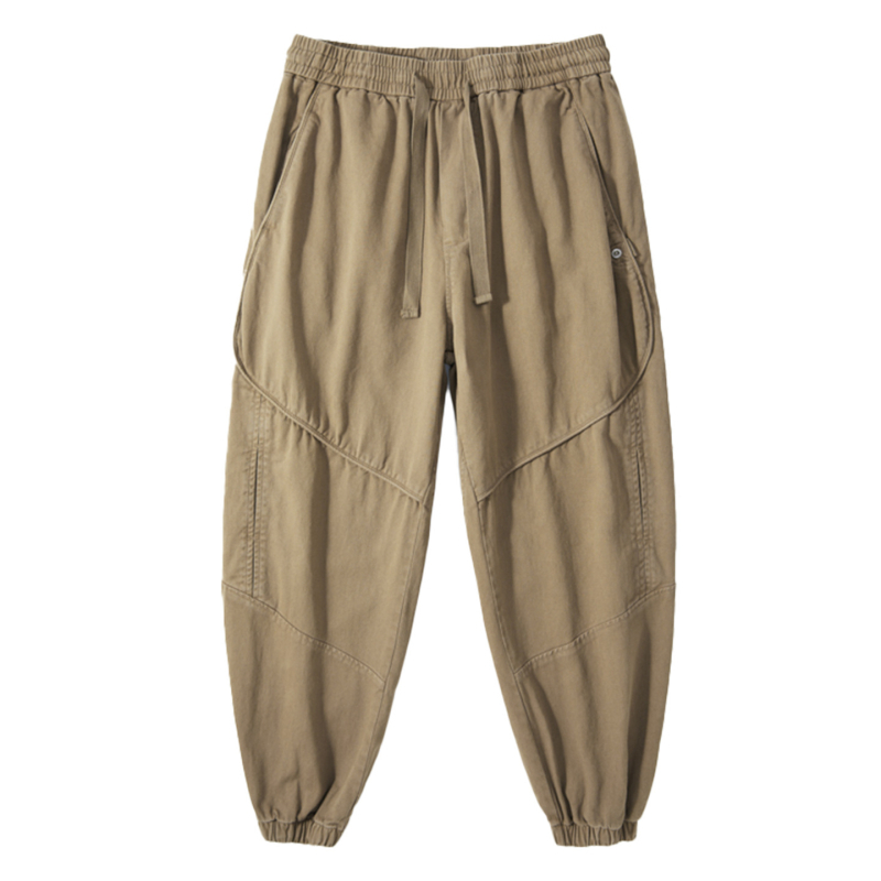 Pantaloni casual din bumbac pentru bărbați, croială lejeră, talie medie, închidere cu șnur, culoare solidă