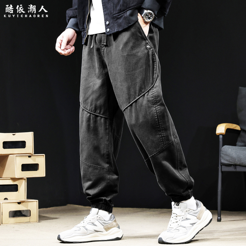 Pantaloni casual din bumbac pentru bărbați, croială lejeră, talie medie, închidere cu șnur, culoare solidă