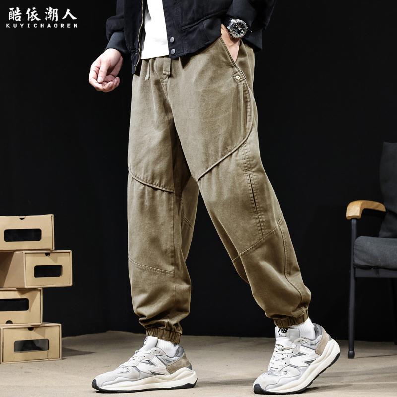 Pantaloni casual din bumbac pentru bărbați, croială lejeră, talie medie, închidere cu șnur, culoare solidă