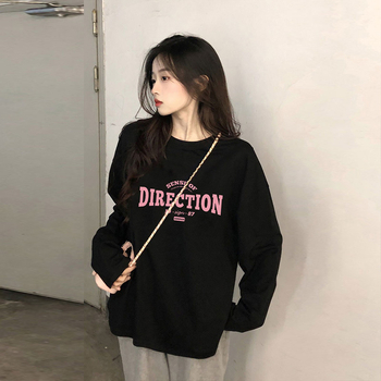 Ženski pamučni T‑majica s dugim rukavima, slobodan kroj, okrugli izrez, raglanske rukave, ultra kratka duljina (≤40 cm)