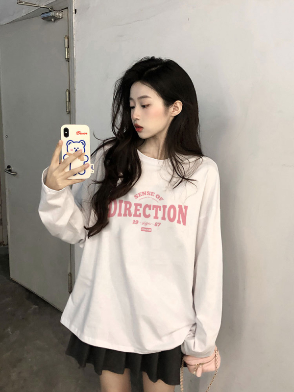 Ženski pamučni T‑majica s dugim rukavima, slobodan kroj, okrugli izrez, raglanske rukave, ultra kratka duljina (≤40 cm)