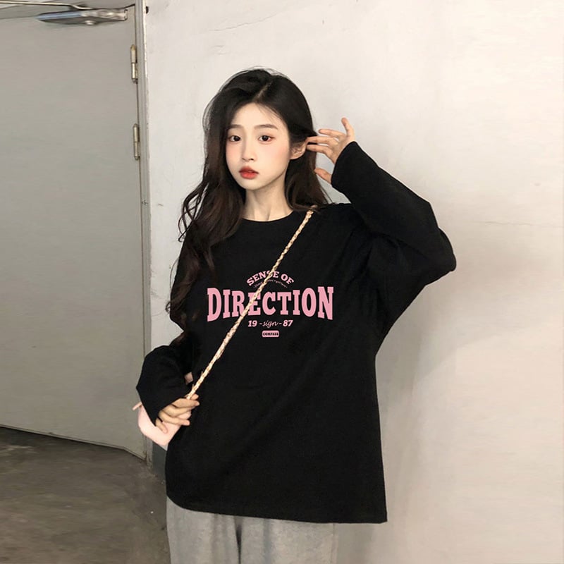 Ženski pamučni T‑majica s dugim rukavima, slobodan kroj, okrugli izrez, raglanske rukave, ultra kratka duljina (≤40 cm)