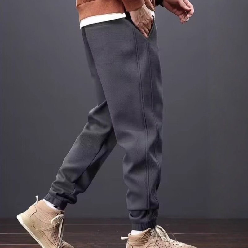 Pantaloni sport casual pentru bărbați – căptușiți cu fleece, talie medie, închidere cu șiret, croială lejeră, poliester