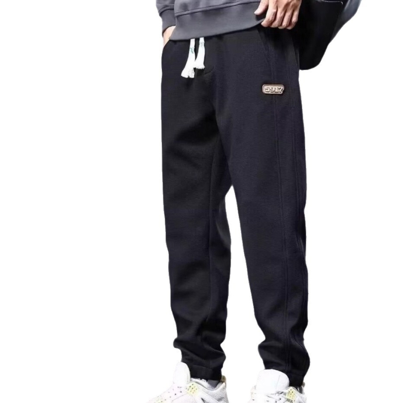 Pantaloni sport casual pentru bărbați – căptușiți cu fleece, talie medie, închidere cu șiret, croială lejeră, poliester