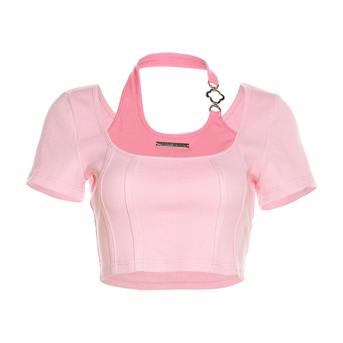 tricou slim-fit cu guler halter, mâneală scurtă, design cu colaj/cusătură și imprimeu text, poliester 70–80%