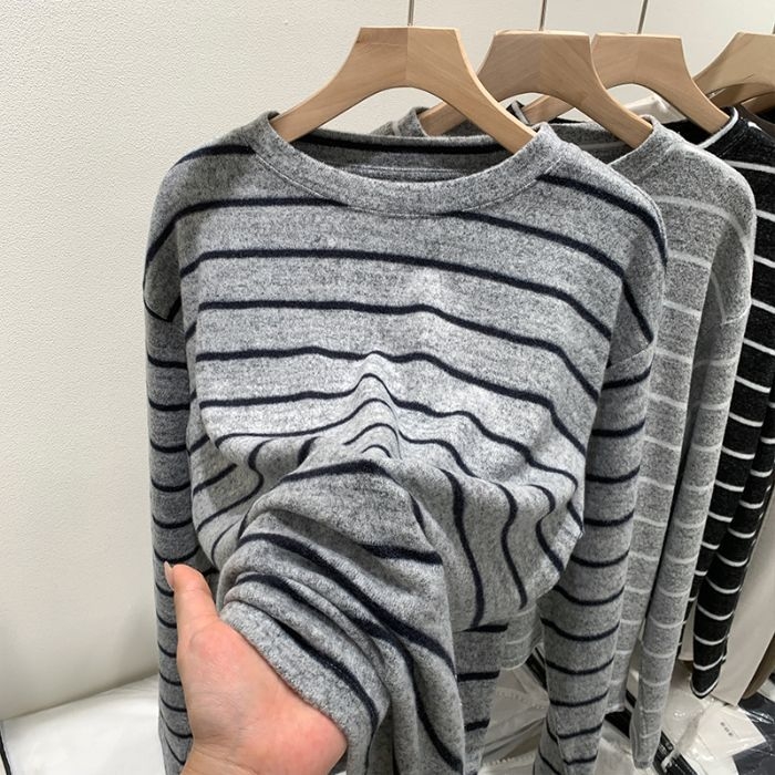 Ženska T-shirt s kapuljom, ležernog kroja, prugasti uzorak, poliester s imitacijom krzna zeca, dugi rukav, okrugli ovratnik, jesen 2025