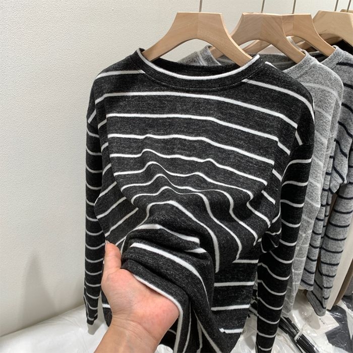 Ženska T-shirt s kapuljom, ležernog kroja, prugasti uzorak, poliester s imitacijom krzna zeca, dugi rukav, okrugli ovratnik, jesen 2025