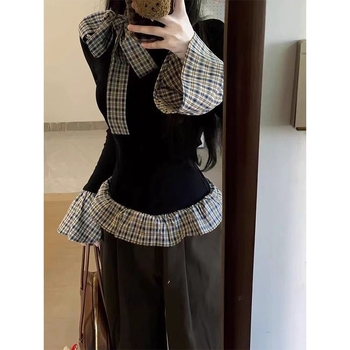 Majica s dugim rukavima, karirani uzorak, panelno šivanje, slobodan kroj