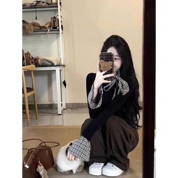 Majica s dugim rukavima, karirani uzorak, panelno šivanje, slobodan kroj