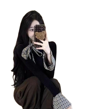 Majica s dugim rukavima, karirani uzorak, panelno šivanje, slobodan kroj