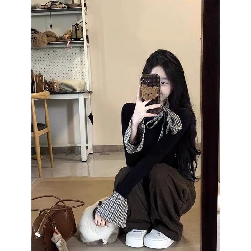 Majica s dugim rukavima, karirani uzorak, panelno šivanje, slobodan kroj