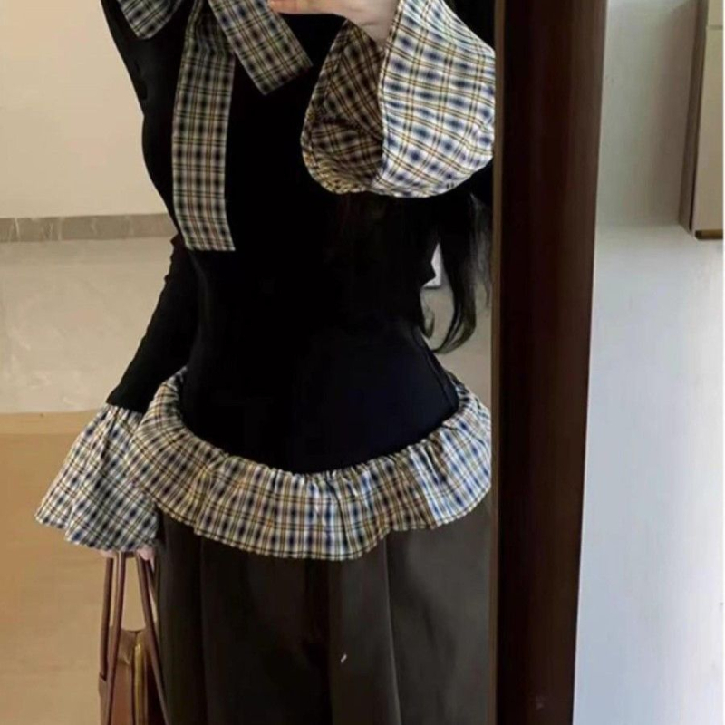 Majica s dugim rukavima, karirani uzorak, panelno šivanje, slobodan kroj