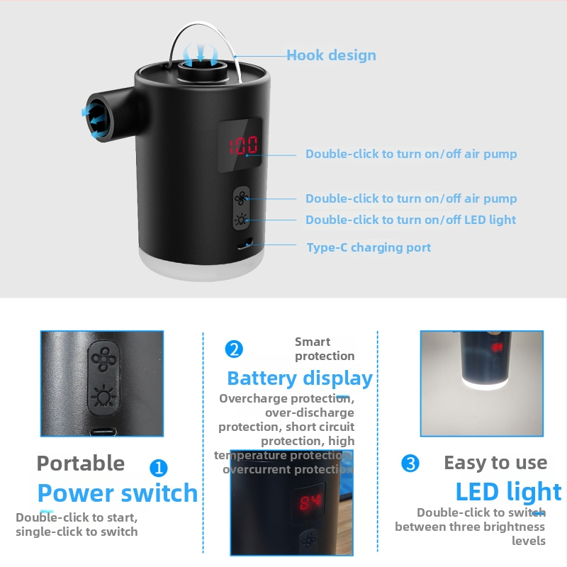 Pumpa na vzduch s digitálnym displejom a podsvietením — prenosná elektrická pumpa na vonkajšie použitie, nafúkne vzdušný matrac, plávací kruh a vankúš