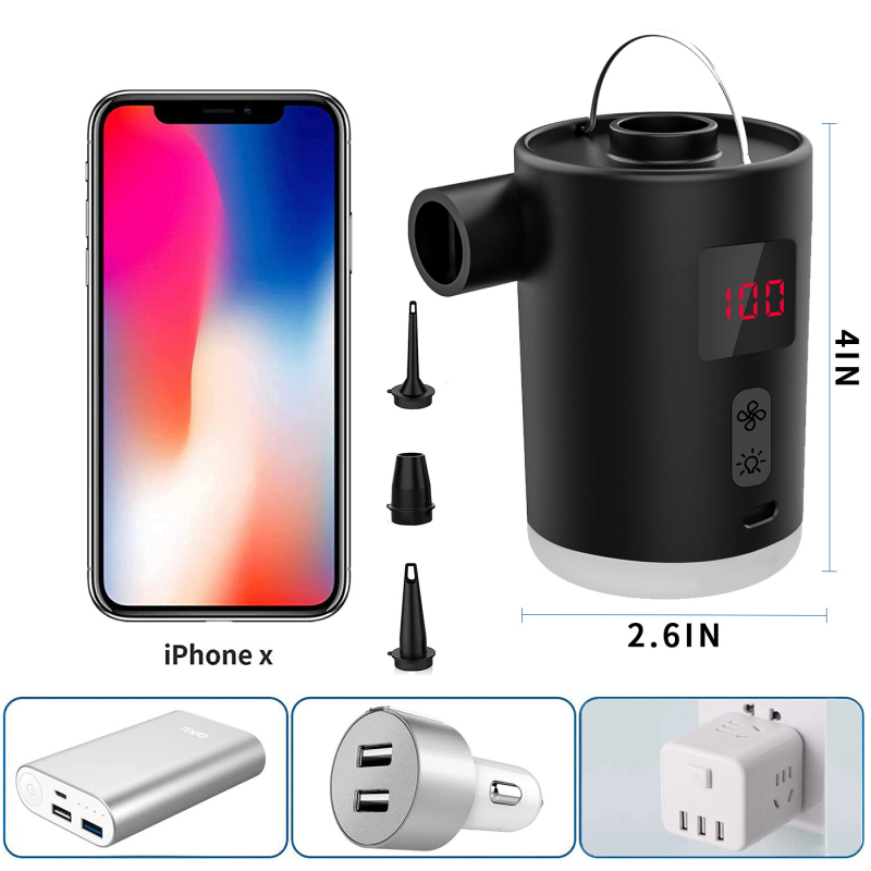 Digitális kijelzős, világító légpumpa — hordozható elektromos, kültéri használatra, felfújja légágyat, úszógyűrűt és légpárnát