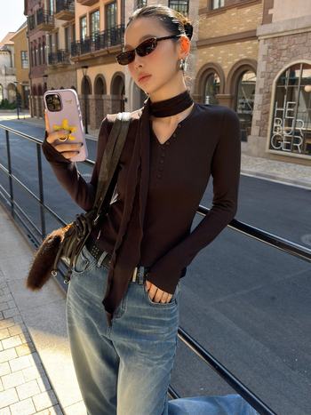 Mmfish majica za ulični stil, jednostavna boja, viskozna tkanina, dugi rukav, ovratnik šal, slim kroj