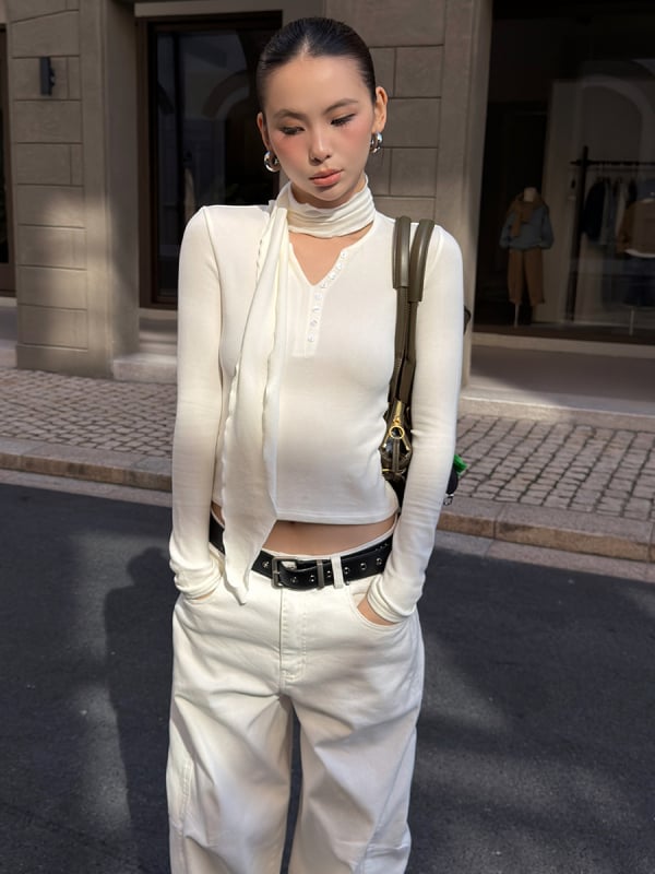 Mmfish majica za ulični stil, jednostavna boja, viskozna tkanina, dugi rukav, ovratnik šal, slim kroj