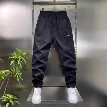 Muške jesenske casual hlače slim-fit od poliestera, srednji pojas, vezivanje, ravni kroj