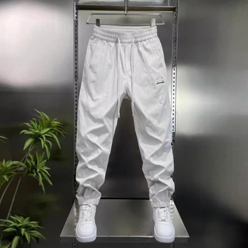 Muške jesenske casual hlače slim-fit od poliestera, srednji pojas, vezivanje, ravni kroj