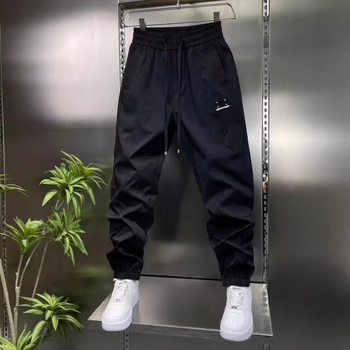 Muške jesenske casual hlače slim-fit od poliestera, srednji pojas, vezivanje, ravni kroj