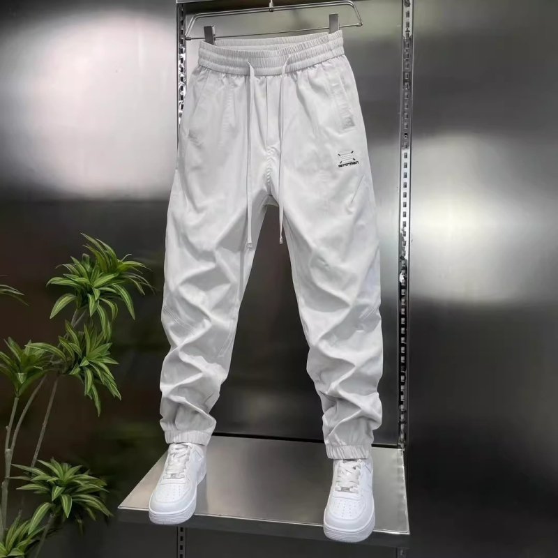 Muške jesenske casual hlače slim-fit od poliestera, srednji pojas, vezivanje, ravni kroj