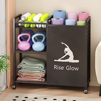 Trojposchodový kovový regál na jogamatky a fitness vybavenie – pohyblivý, moderný jednoduchý dizajn, montáž potrebná