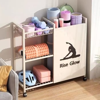 Trojposchodový kovový regál na jogamatky a fitness vybavenie – pohyblivý, moderný jednoduchý dizajn, montáž potrebná