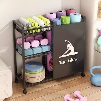 Trojposchodový kovový regál na jogamatky a fitness vybavenie – pohyblivý, moderný jednoduchý dizajn, montáž potrebná