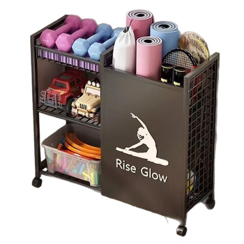 Trojposchodový kovový regál na jogamatky a fitness vybavenie – pohyblivý, moderný jednoduchý dizajn, montáž potrebná