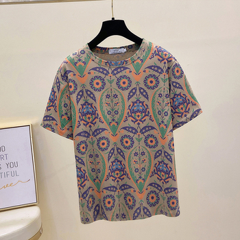 Ženski pamučni T-shirt s kratkim rukavima, korejski stil opuštenog kroja, motiv biljaka, okrugli izrez