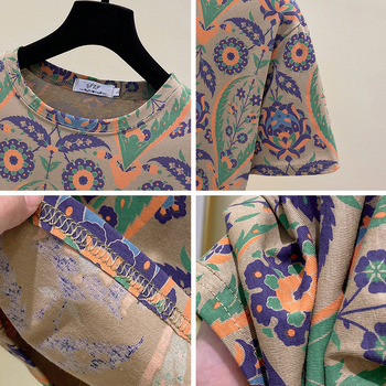Ženski pamučni T-shirt s kratkim rukavima, korejski stil opuštenog kroja, motiv biljaka, okrugli izrez