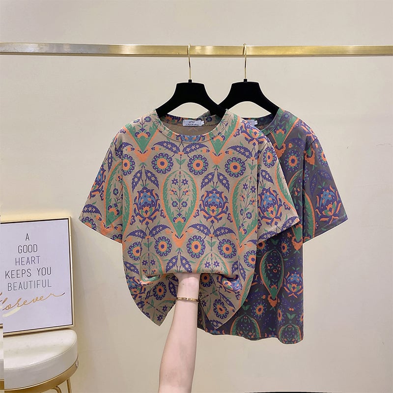 Ženski pamučni T-shirt s kratkim rukavima, korejski stil opuštenog kroja, motiv biljaka, okrugli izrez