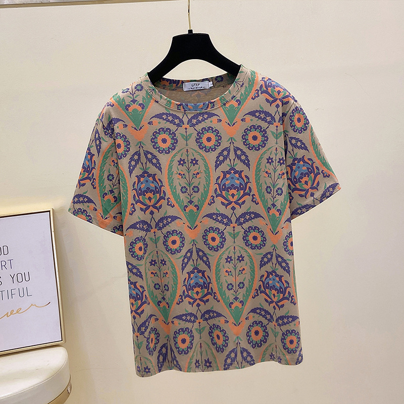 Ženski pamučni T-shirt s kratkim rukavima, korejski stil opuštenog kroja, motiv biljaka, okrugli izrez