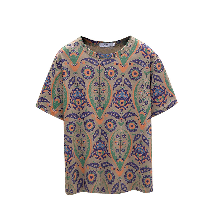 Ženski pamučni T-shirt s kratkim rukavima, korejski stil opuštenog kroja, motiv biljaka, okrugli izrez