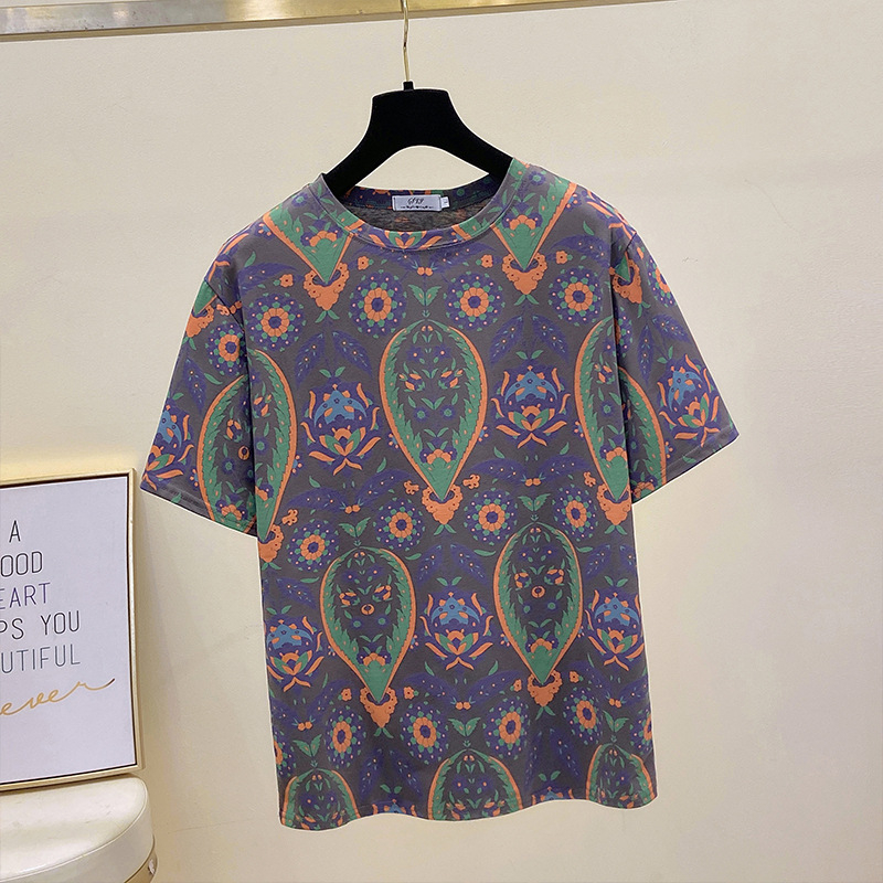 Ženski pamučni T-shirt s kratkim rukavima, korejski stil opuštenog kroja, motiv biljaka, okrugli izrez