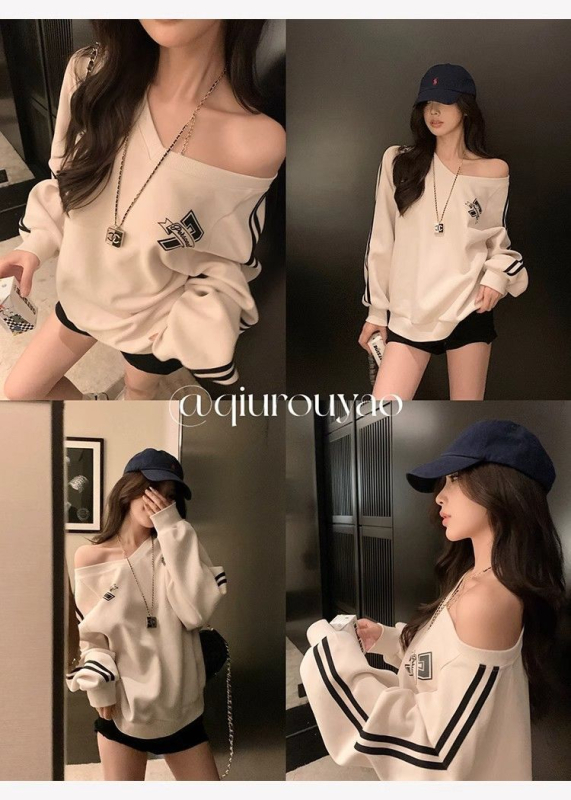 Ženski džemper s V-izrezom, fleece podstavljenim, ležernog kroja, dugim rukavima, s otiskom