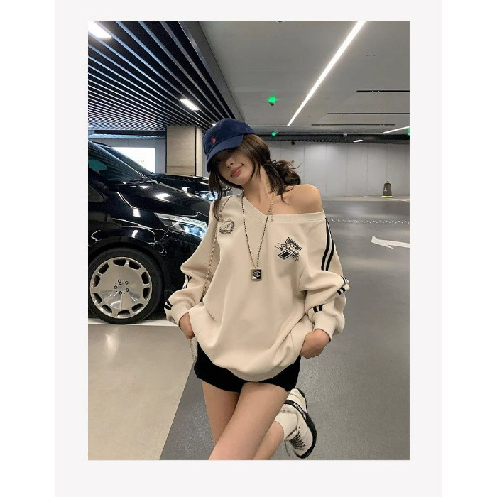 Ženski džemper s V-izrezom, fleece podstavljenim, ležernog kroja, dugim rukavima, s otiskom