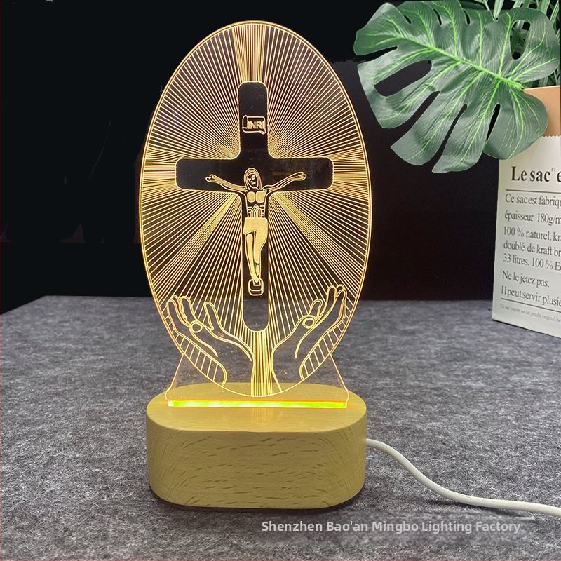 Bukova noćna lampica s ovalnom osnovom, 3D efekt, USB napajanje, akrilno sjenilo LED