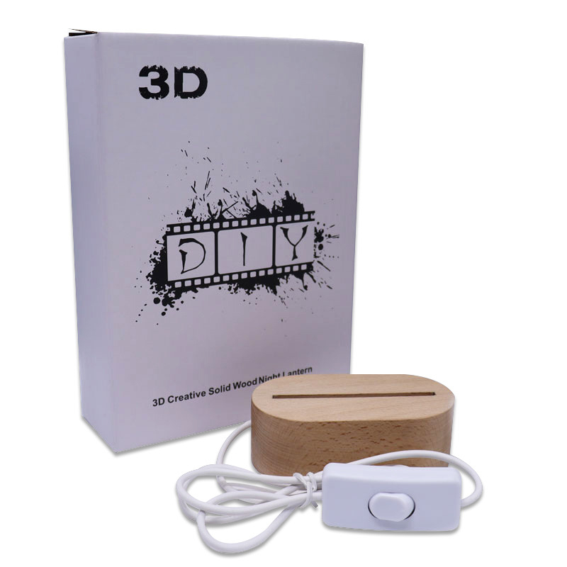 Bukova noćna lampica s ovalnom osnovom, 3D efekt, USB napajanje, akrilno sjenilo LED