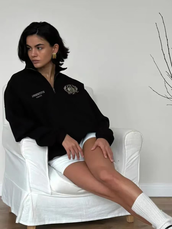 Ženski pulover s fleksi podstavom i polo ovratnikom, slobodan kroj, srednja duljina, dugi rukavi, zatvarač, pamuk-poliester mješavina