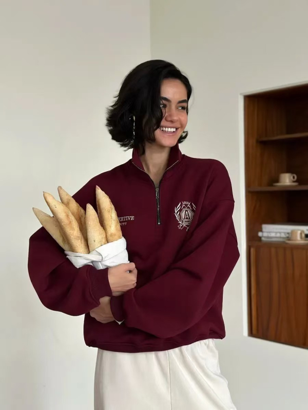 Ženski pulover s fleksi podstavom i polo ovratnikom, slobodan kroj, srednja duljina, dugi rukavi, zatvarač, pamuk-poliester mješavina