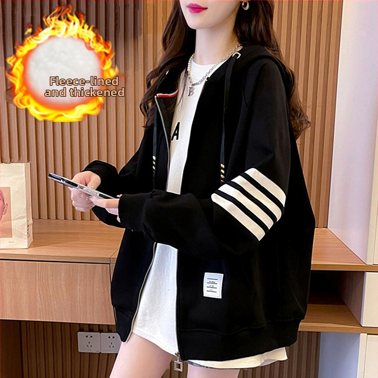 Ženski kardigan u korejskom stilu, širokog kroja, s kapuljom i zatvaračem, s fleec podstavom