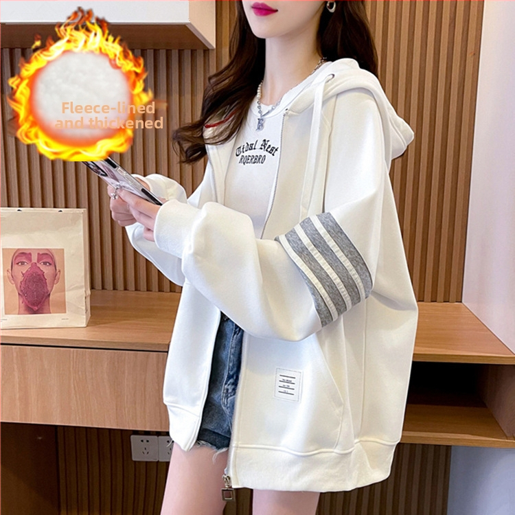 Ženski kardigan u korejskom stilu, širokog kroja, s kapuljom i zatvaračem, s fleec podstavom