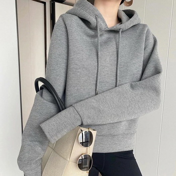 Ženski kratki kapuljačasti pulover od pamuka s flis podstavom, labav kroj, dugi rukavi, zimska kolekcija 2025