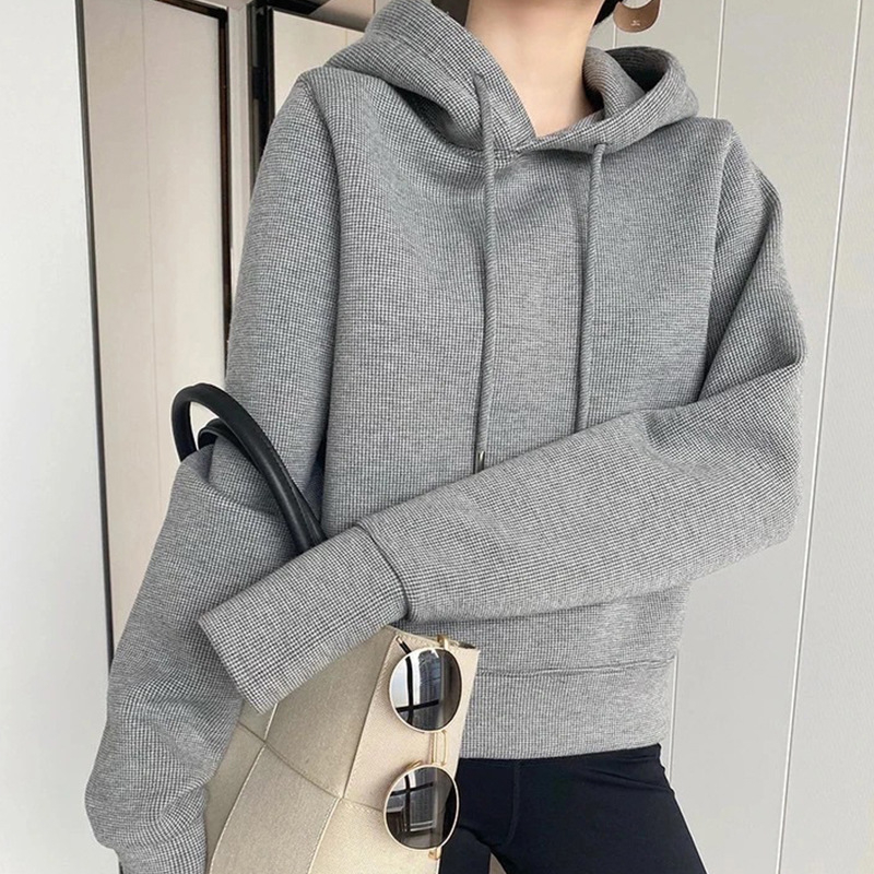 Ženski kratki kapuljačasti pulover od pamuka s flis podstavom, labav kroj, dugi rukavi, zimska kolekcija 2025