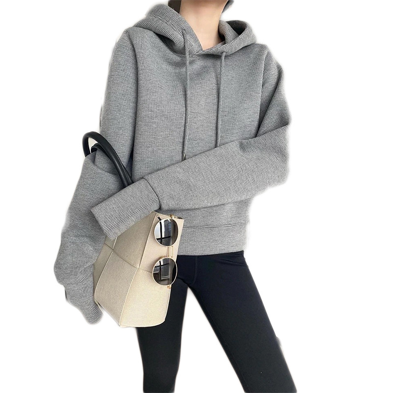 Ženski kratki kapuljačasti pulover od pamuka s flis podstavom, labav kroj, dugi rukavi, zimska kolekcija 2025