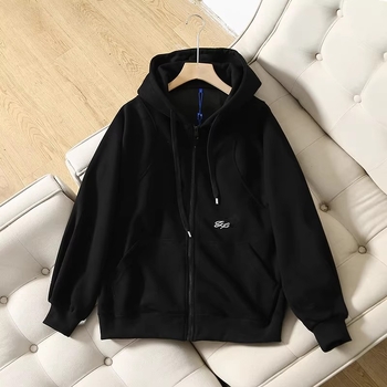 Ženska kapuljačasta dukserica s natpisima i izvezenim, slobodan kroj, prednji zip, pamuk-elastan mješavina