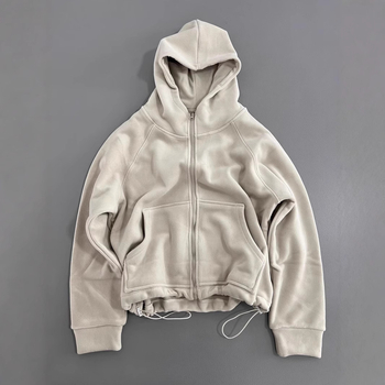 Hooded džemper od baršuna s kapuljom i zipom - široki kroj, debeli, jednobojni uzorak, jesen 2025