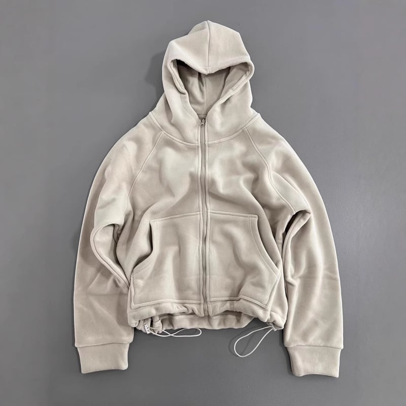 Hooded džemper od baršuna s kapuljom i zipom - široki kroj, debeli, jednobojni uzorak, jesen 2025