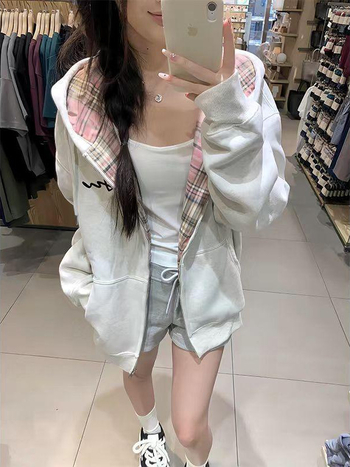 Ženski kardigan s kapuljom i zipom, širok kroj, karirani uzorak, dugi rukavi, poliester, za proljeće i jesen, casual stil