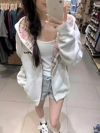 Ženski kardigan s kapuljom i zipom, širok kroj, karirani uzorak, dugi rukavi, poliester, za proljeće i jesen, casual stil